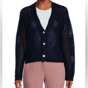 VINCE navy organic cotton crochet knit scalloped cropped cardigan Plus Sz 1X